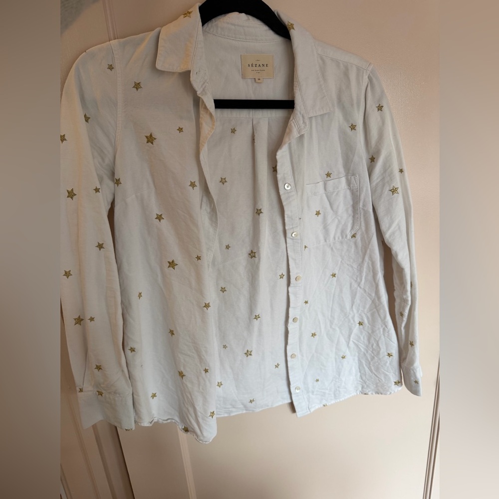 Sezane Button-Down Long-Sleeve Shirt White with Metallic Embroidered Gold Stars